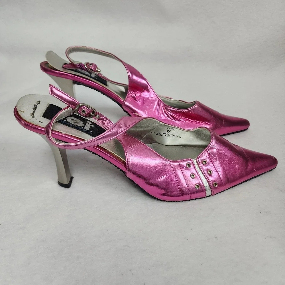 VTG Y2K Lei Womens 9.5 Metallic Pink Pointed-Toe Stiletto Strap Slingback Heels